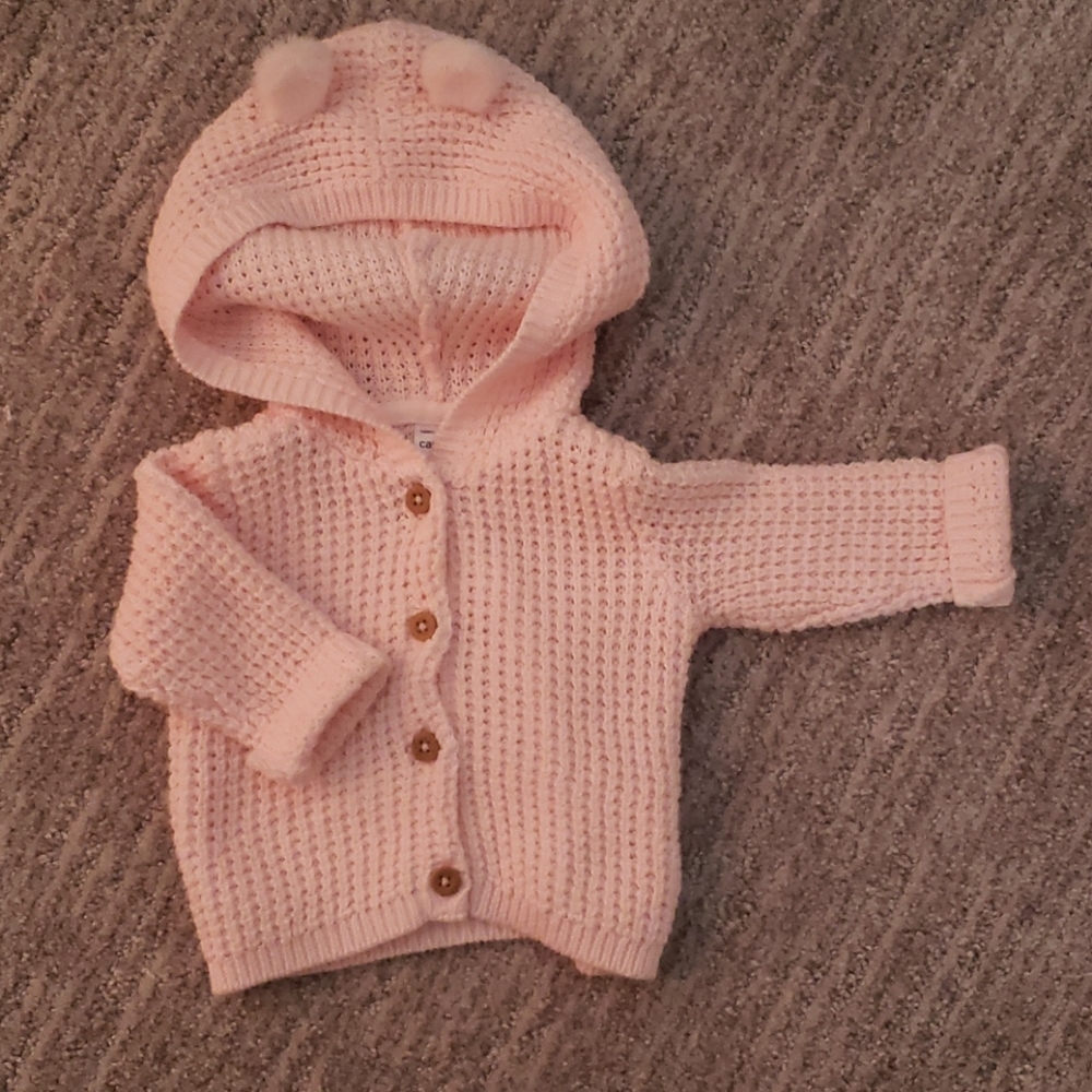 Newborn pink knit sweater with bear ears
